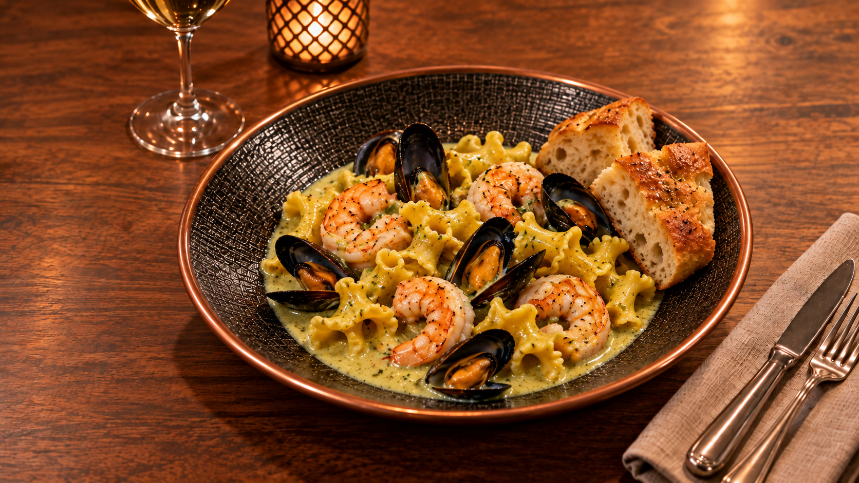 KI-generert illustrasjon av Pasta Campanelli med scampi, blåskjell og focaccia
