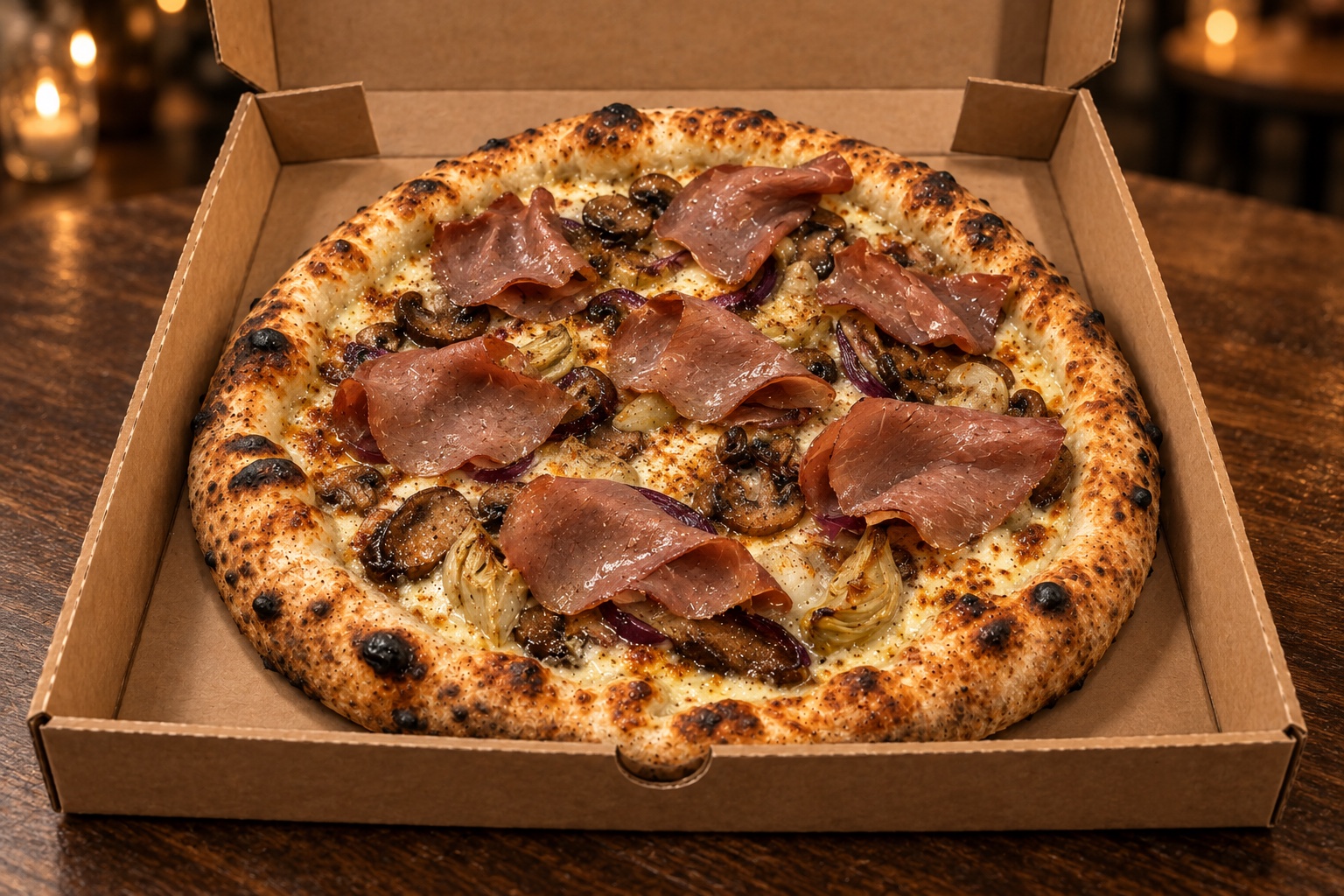 KI-generert illustrasjon av gyllen pizza med røkt reinsdyrlår, sopp og artisjokk i takeaway-eske